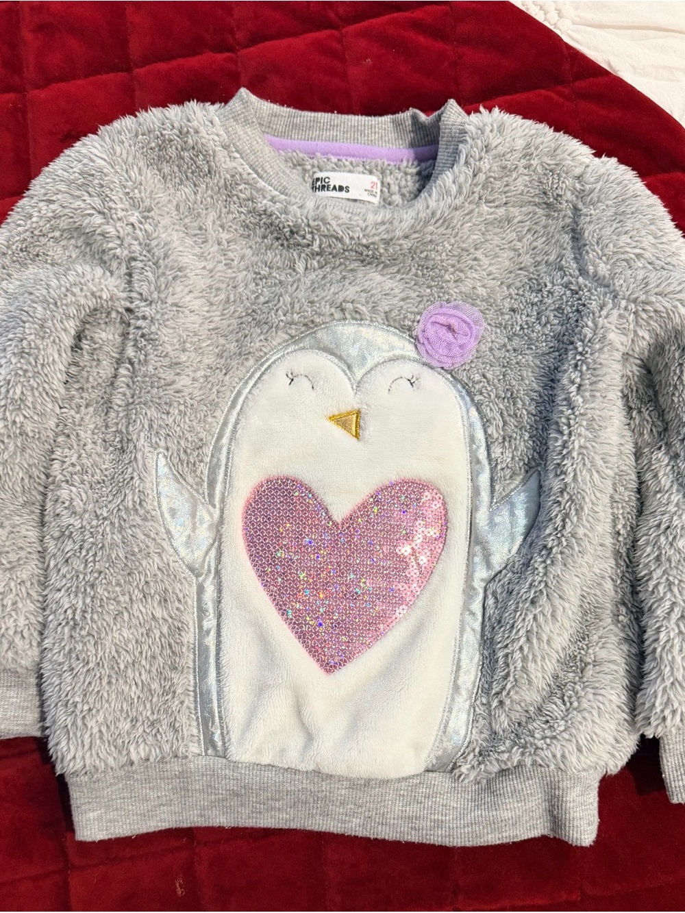 Epic Threads Gray Fuzzy Penguin Sweatshirt with Pink Sequin Heart - Kids